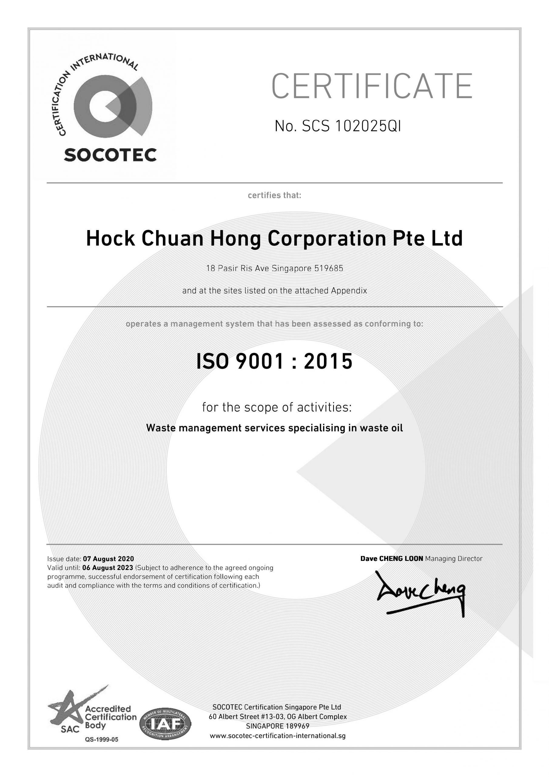 Socotec Cert Hock Chuan Hong Corportion Pte Ltd QMS ISO 9001 2015 SAC