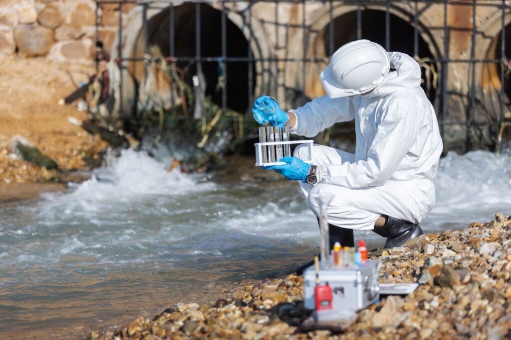 A scientist in a white hazmat suit and hard hat kneels on a rocky shore to test water flowing from large drainage pipes, pouring a sample into a test tube.